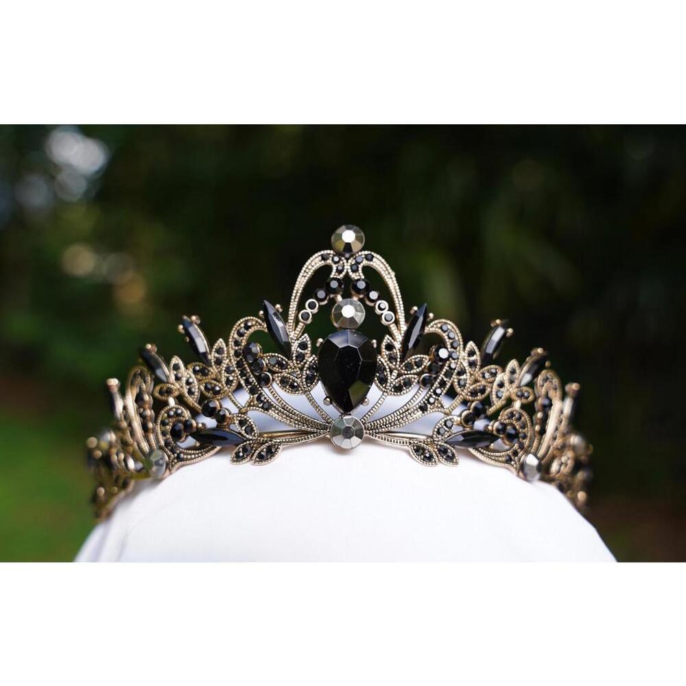 Ornate Black Tiara Bridal Crown Birthday Wedding Gift Diadem Vintage Dark